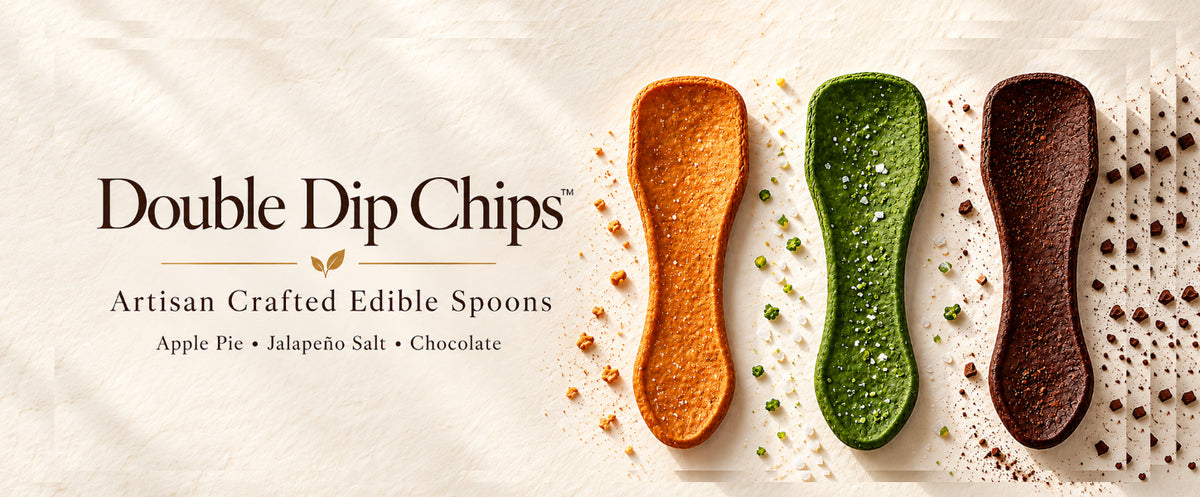 Double Dip Chips artisan crafted edible spoons in Apple Pie, Jalapeño Salt and Chocolate flavors